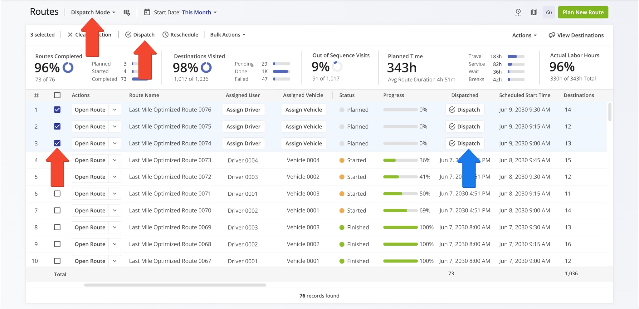 Dispatch routes to customers to send automatic notifications about order status directly from your Route4Me Routes List.