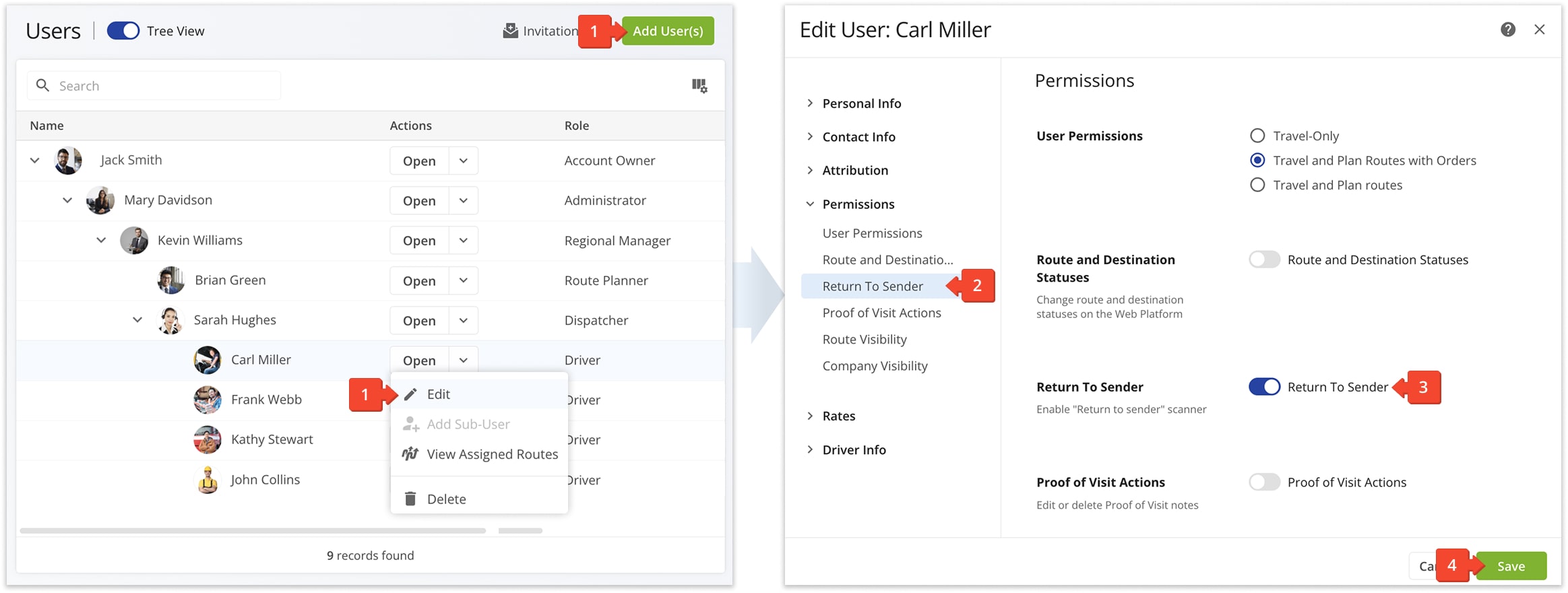 Enable Return to Sender order scanning permissions in your Route4Me User Permissions settings.
