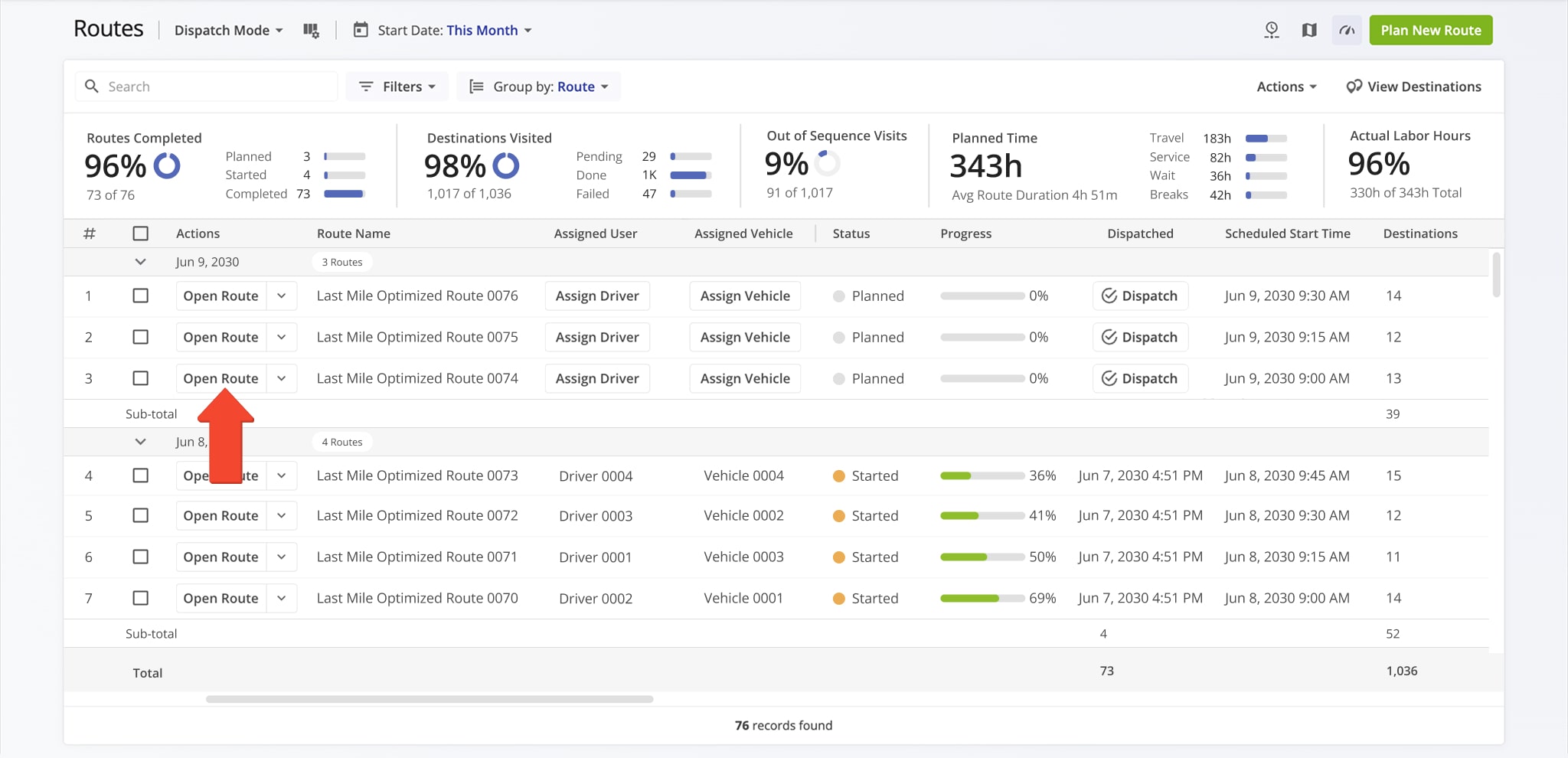 To dispatch routes from your Route4Me Route Editor, first open the preferred route from the Routes List.