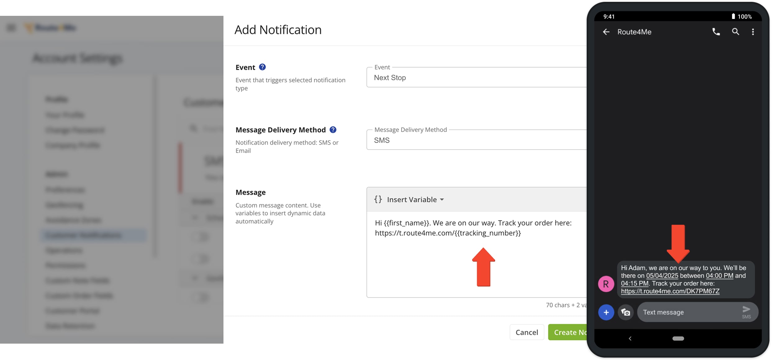 Use placeholders to send SMS notifications with order number and link to the tracking page.