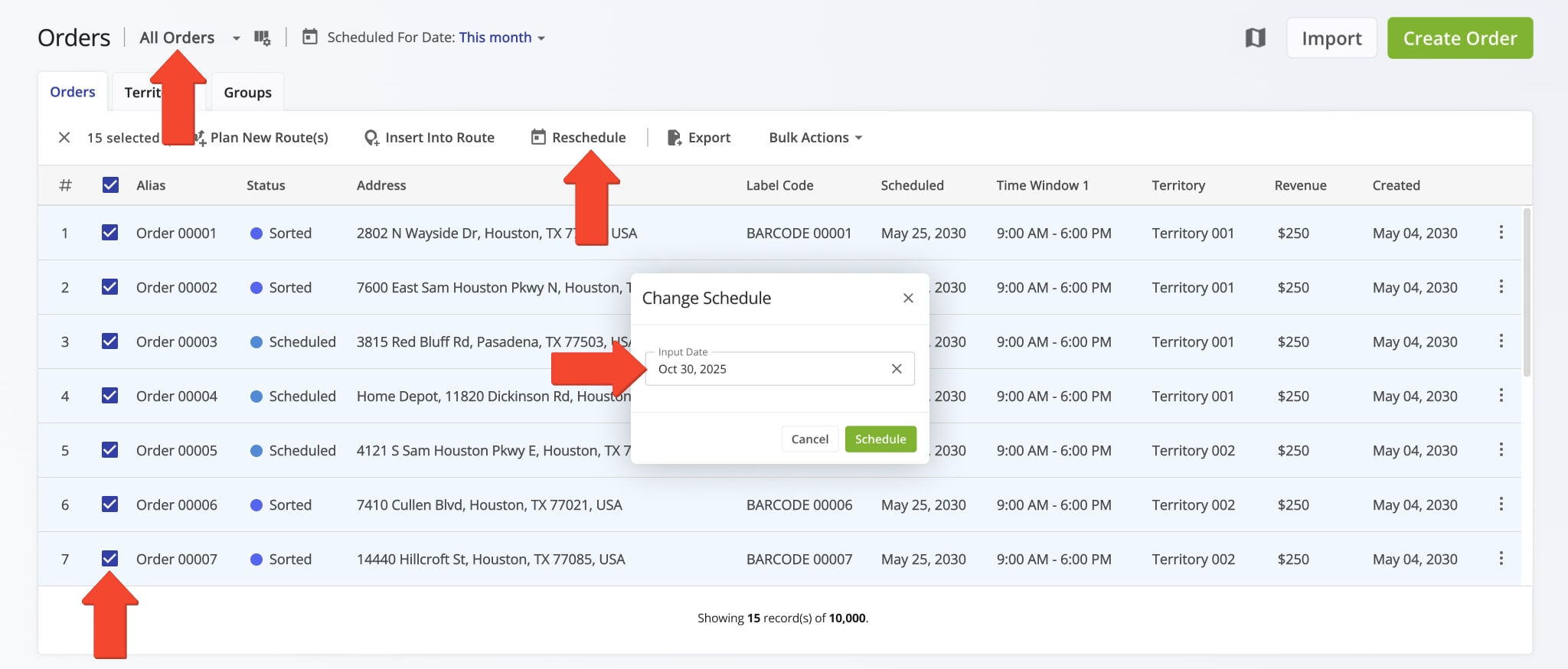 Schedule orders manually for individual or multiple orders instead of scanning to sort and schedule orders.