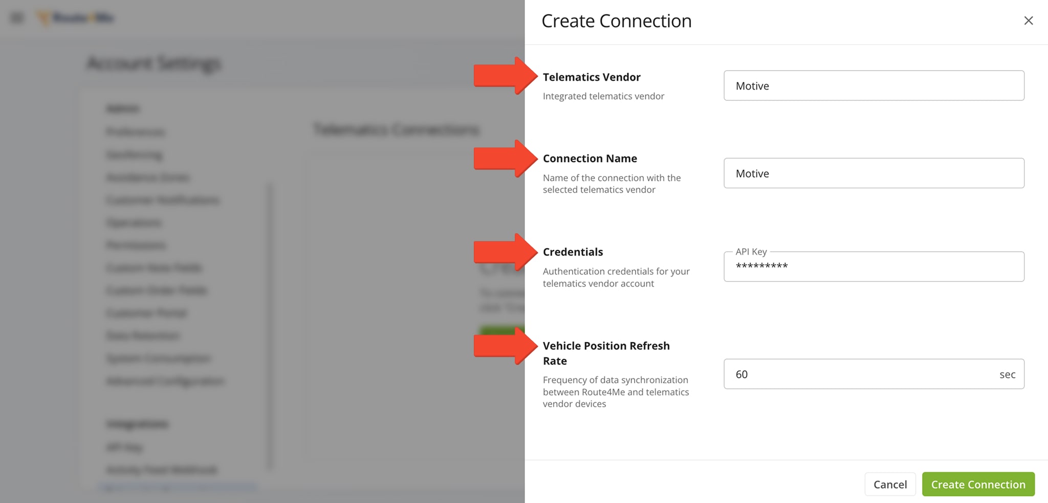 Add a connection by selecting Motive from the Telematics Vendor dropdown, entering a connection name, and setting the Vehicle Position Refresh Rate in the pop-up window.