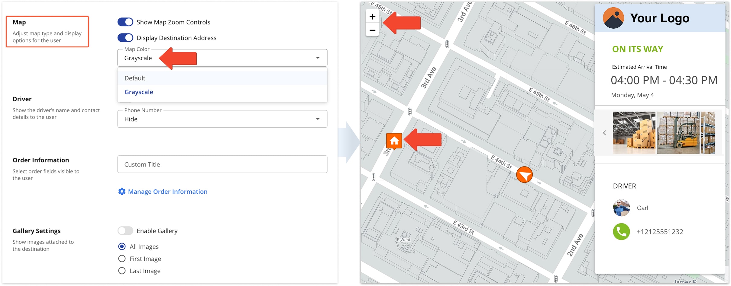 Adjust the map view settings for the customer order tracking page to the grayscale map type.