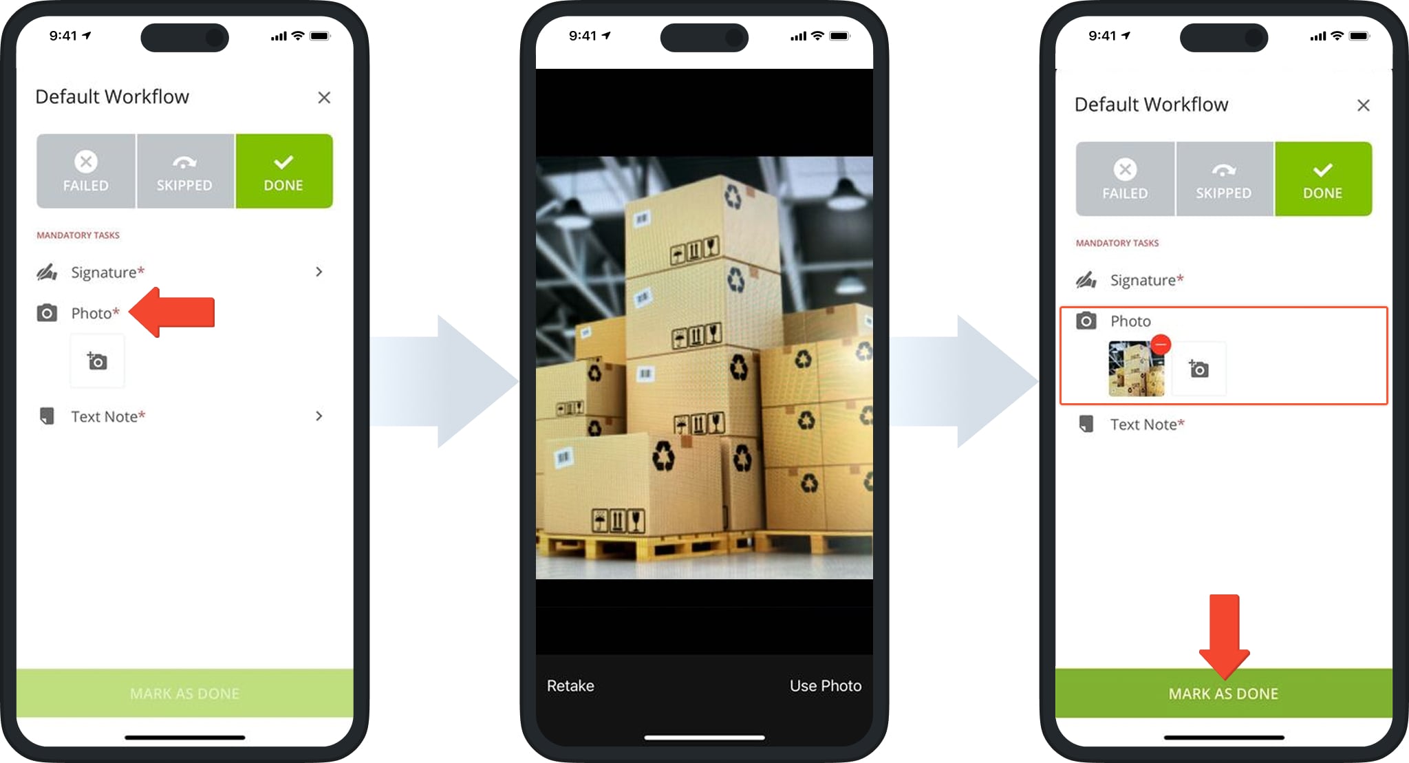 Mandatory Image Attachment requires adding a photo as proof of delivery, shown as a mandatory task in the Route4Me app.