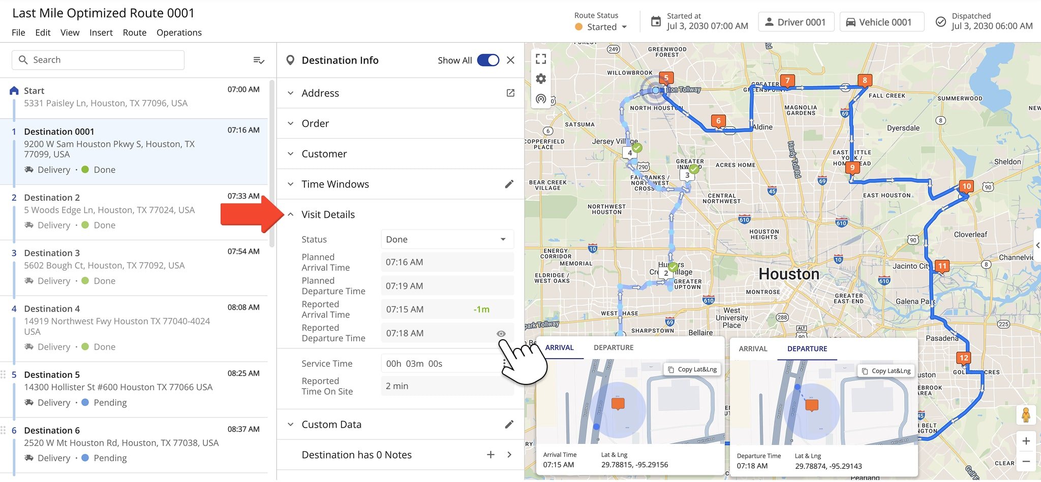 Stop Visit Details in Route Editor show timestamps when the stop was visited and departed, actual time on site, driver location at the time of visit, and more. 