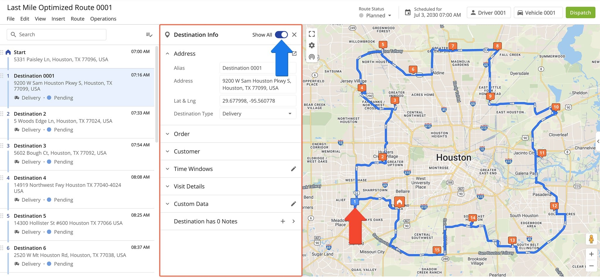 Opening and managing route stops, checking stop ETAs, editing customer details, order info, Custom Data, and adding notes in Route4Me's Route Editor.