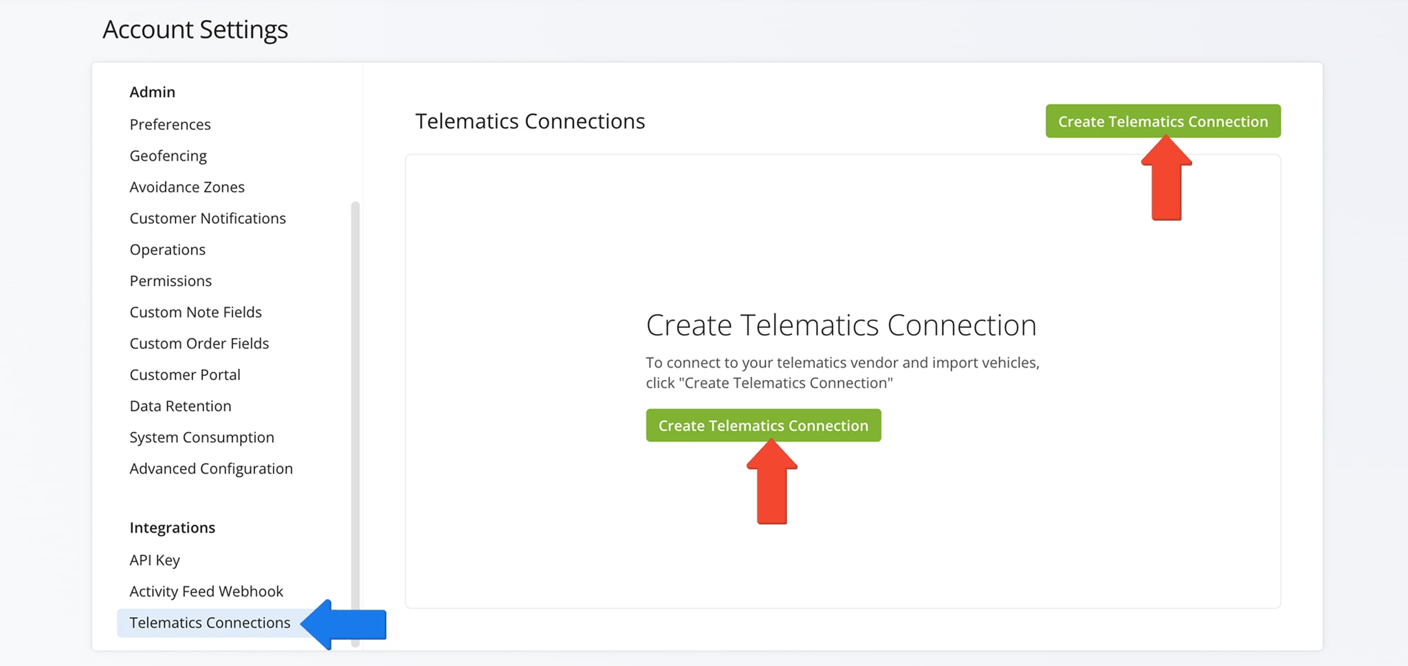 To integrate Motive, go to 'Account Settings', select 'Telematics Connections', and click 'Add Telematics Connection'.