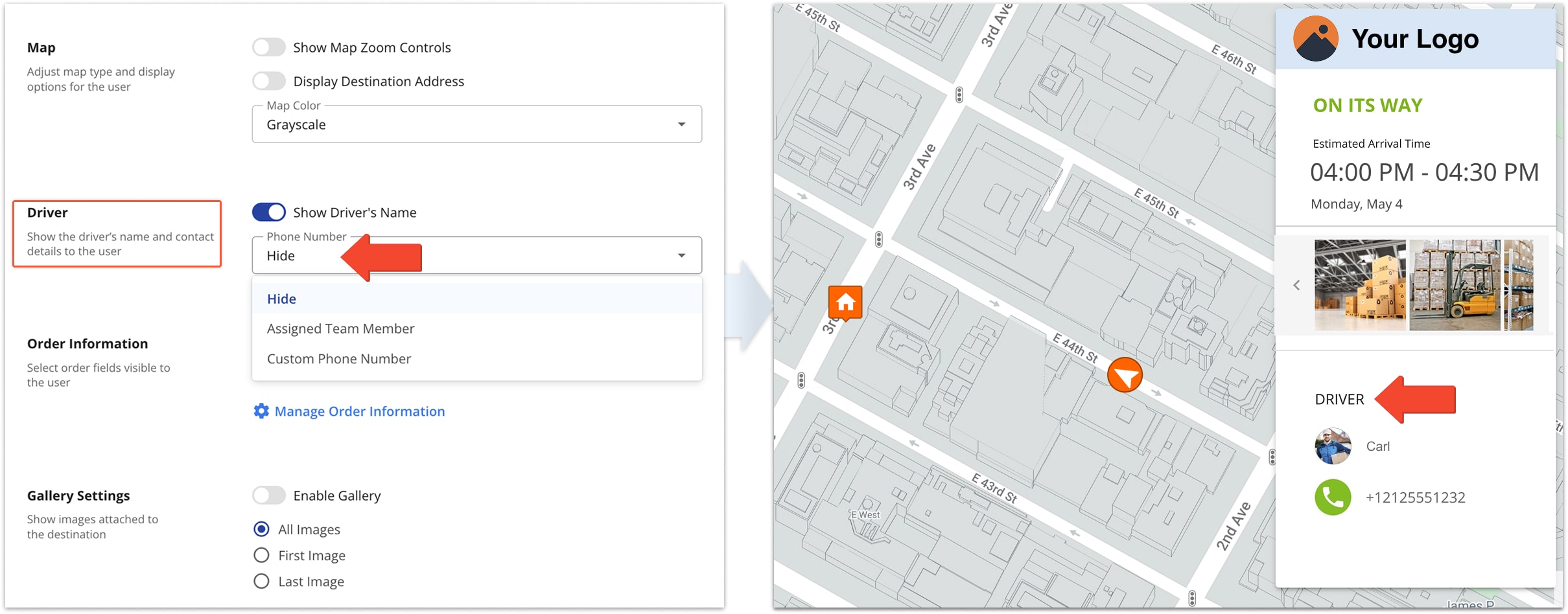 Phone number and name of the driver assigned to the route are displayed on the tracking page.