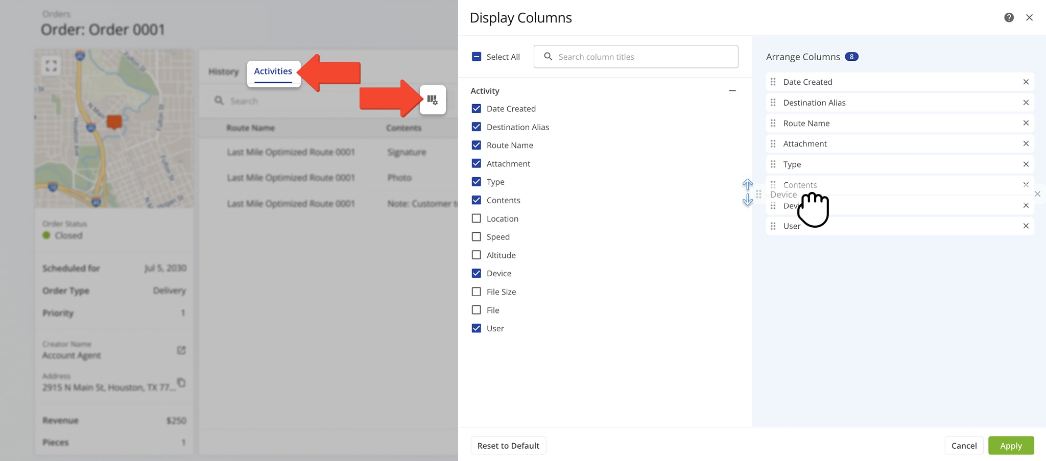 Customize order data by selecting columns to display.
