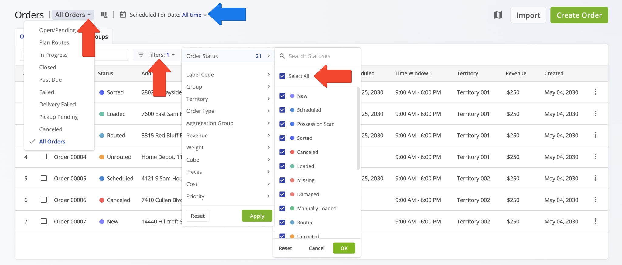 Filter orders by data and order status.