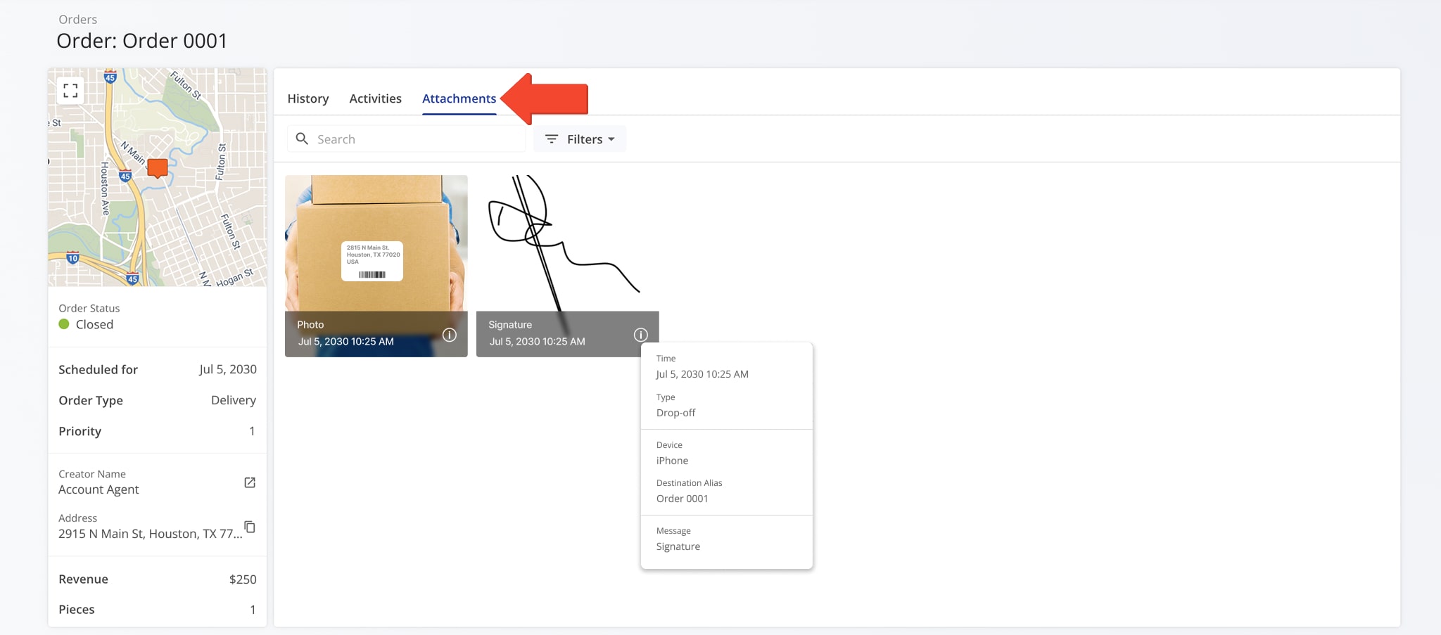 View proof of visit workflow attachments related to the order.