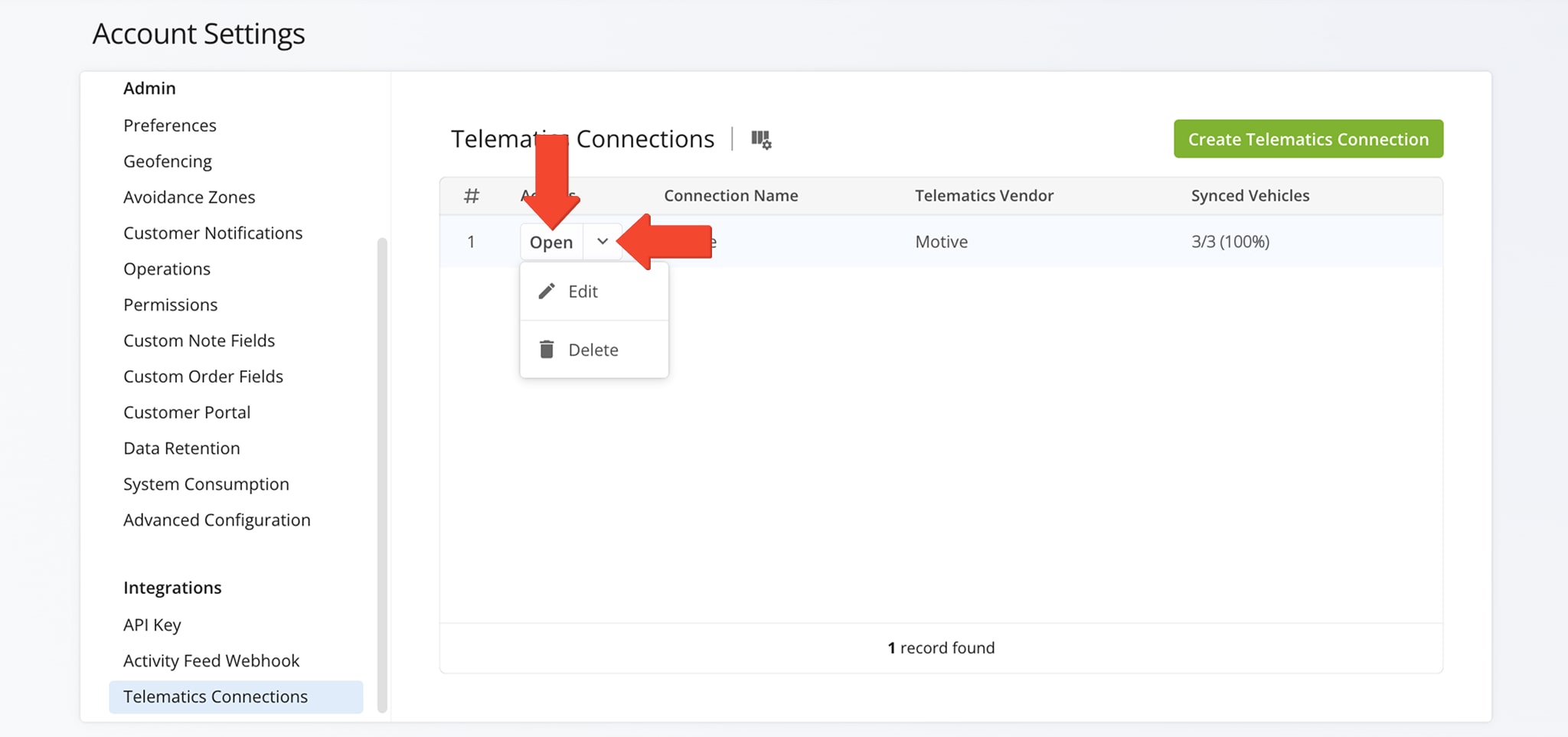 Manage a telematics connection on the Telematics Connections page, with options to edit or delete the connection.