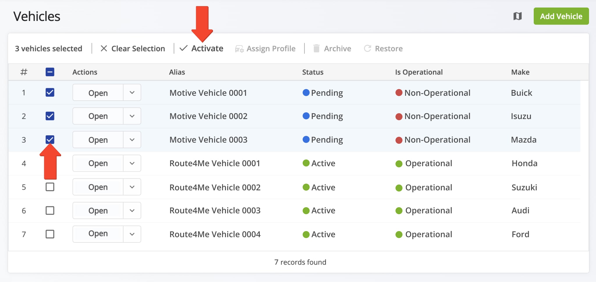 View and manage Motive telematics vehicles in your Route4Me Vehicles page.