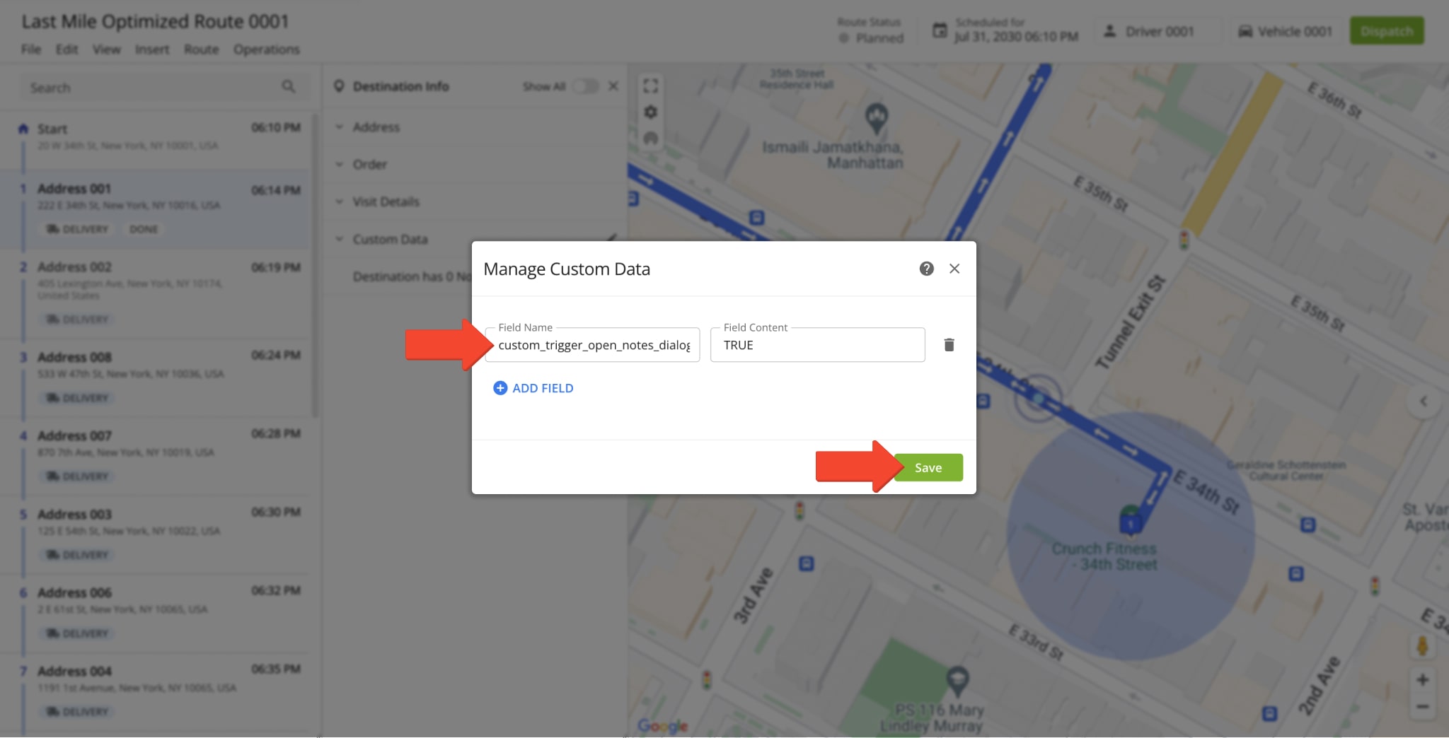 Enter the required field name and value, then save to apply the geofence alert setting.