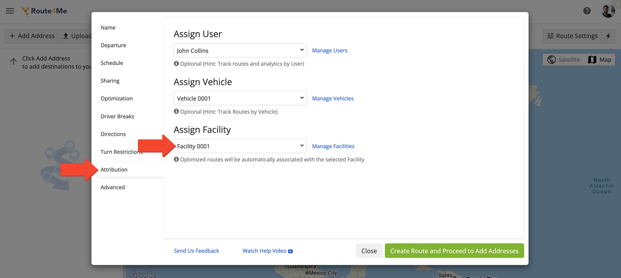 You can associate routes and Facilities when planning routes by using Manual Route Settings.