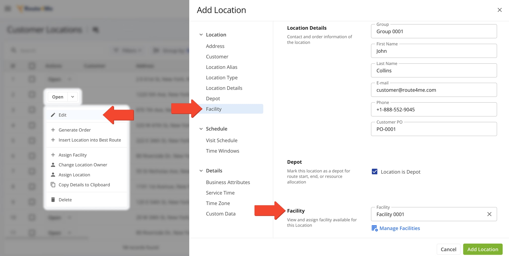 Associating customer locations with Facilities helps organize service areas and ensures deliveries are routed from the most appropriate location.