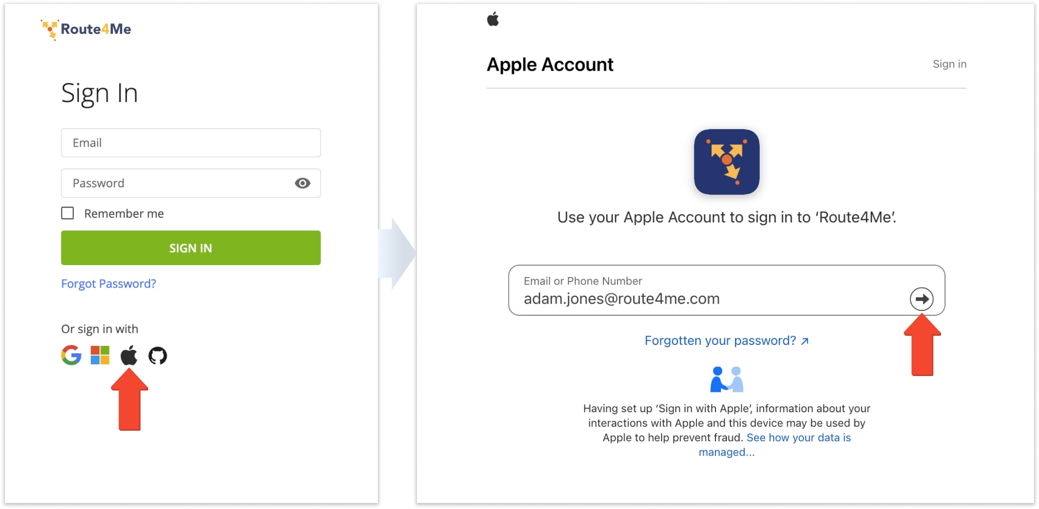 Sign in to the Route4Me Web Platform account using Apple ID Single Sign-On (Apple ID SSO).