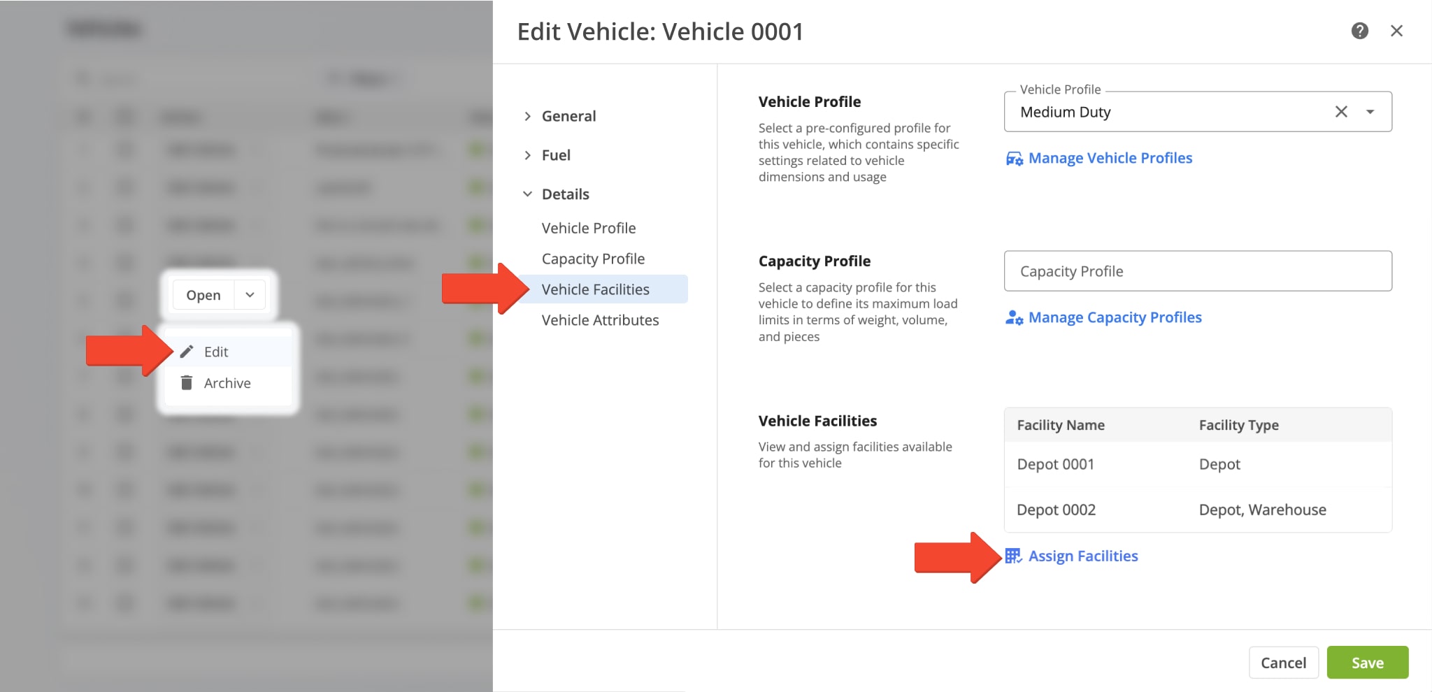 When a Vehicle is assigned to a Facility, it will be used when this Facility is used for route planning or another process in the system.