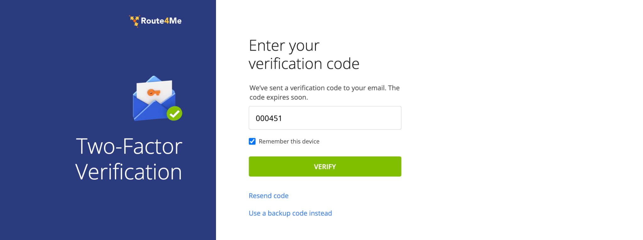 Entering the 2FA verification code and checking Remember this device on the Route4Me Two-Factor Verification page.