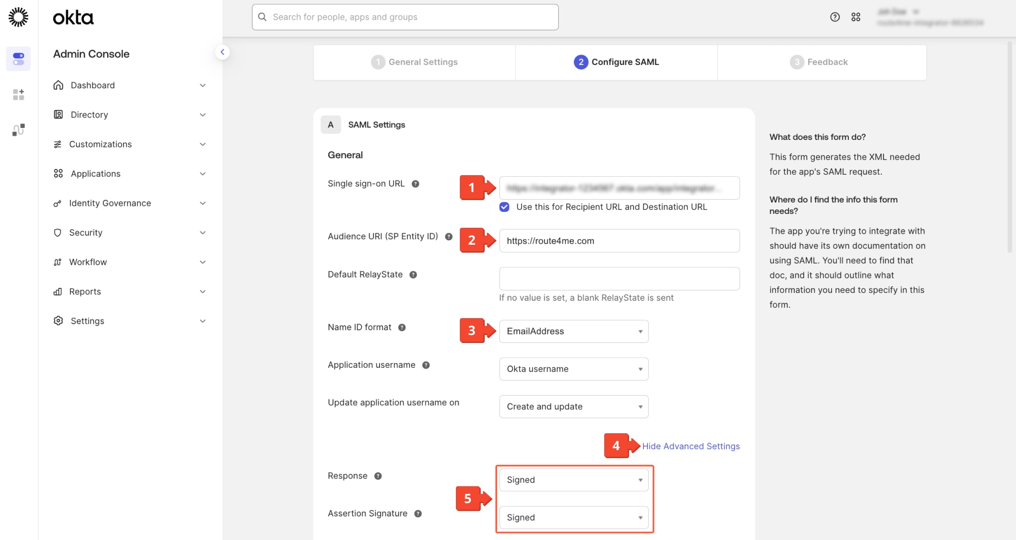 Configure the SAML settings for new Okta Application to create Route4Me SAML SSO integration.