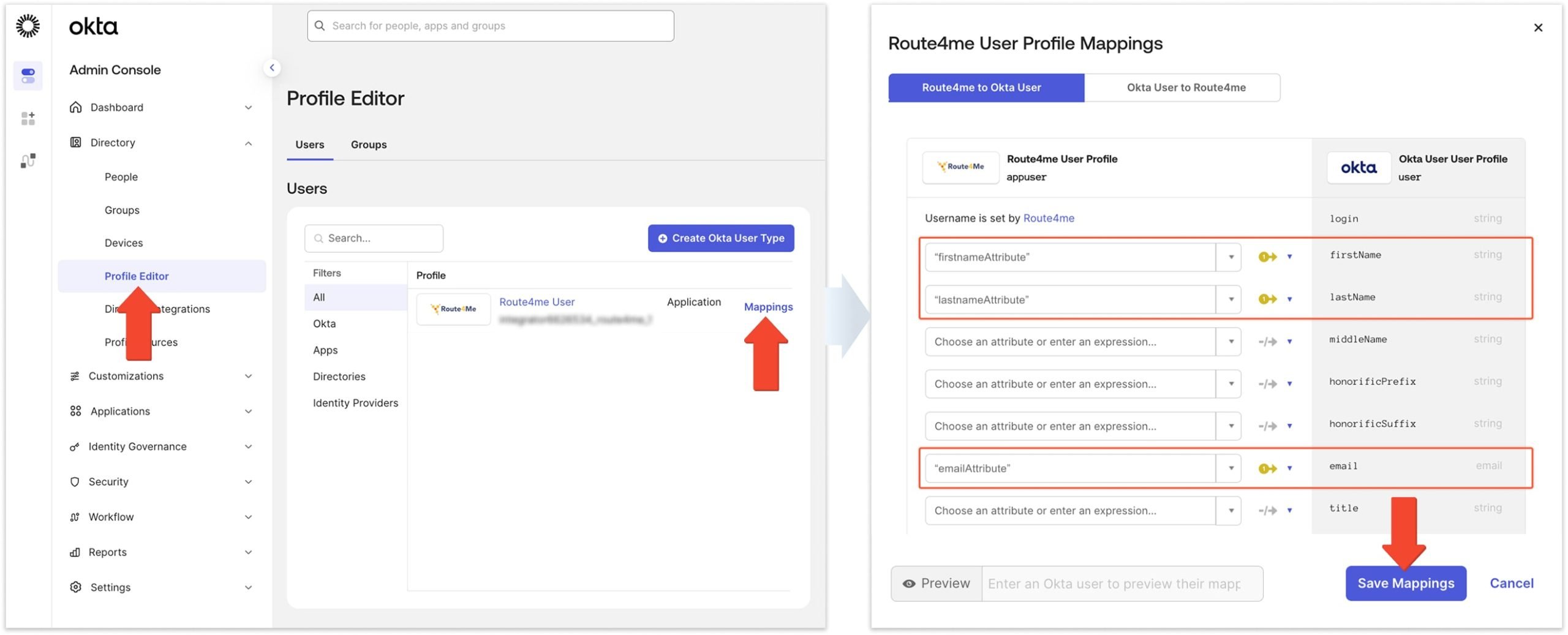 Ensure correct User data mapping for your Okta SAML SSO integration by mapping internal User data variable from Route4Me to Okta.