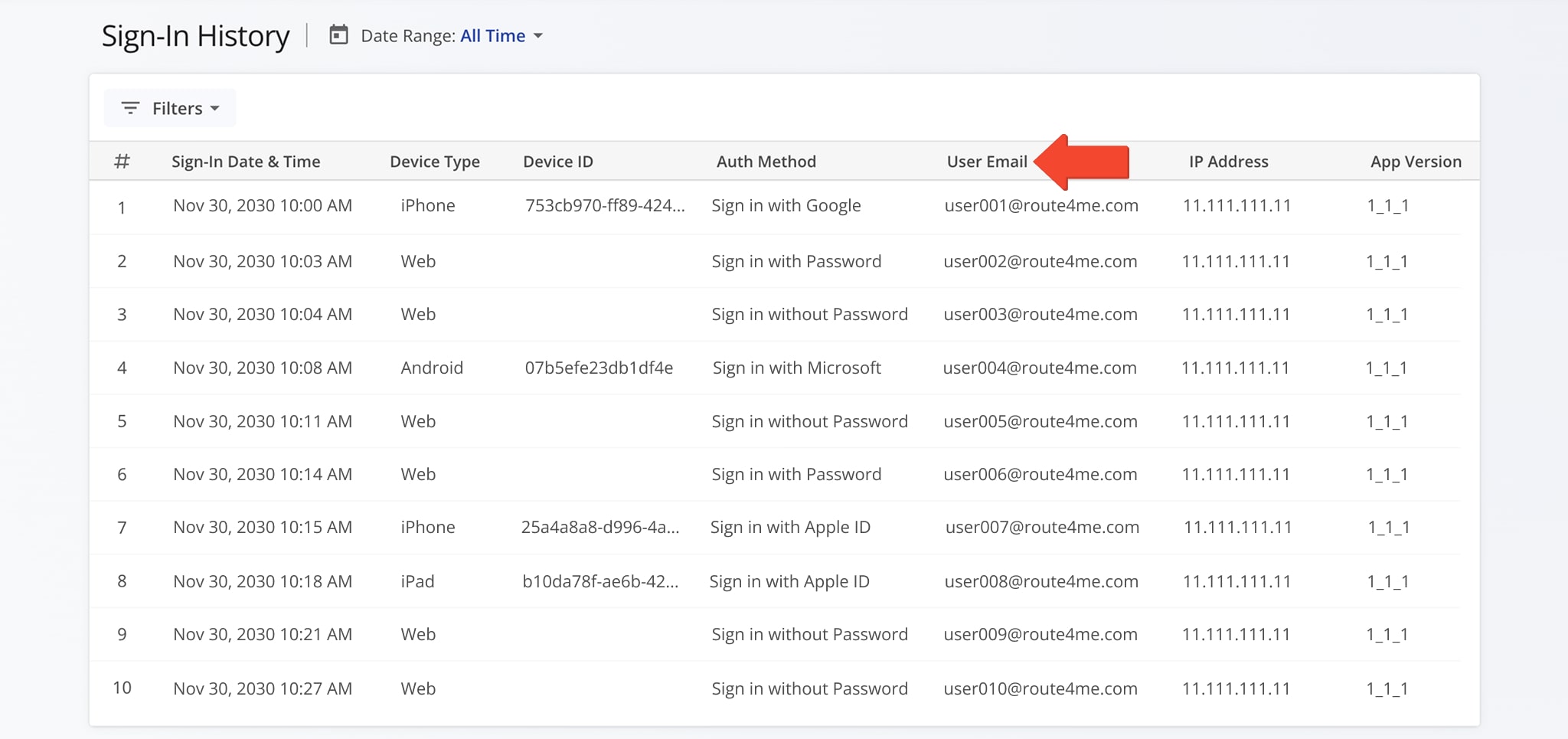 Your account SIgn-In History page displays email addresses used by the Account Owner and sub users to log in so you can monitor authentication activity across your account.