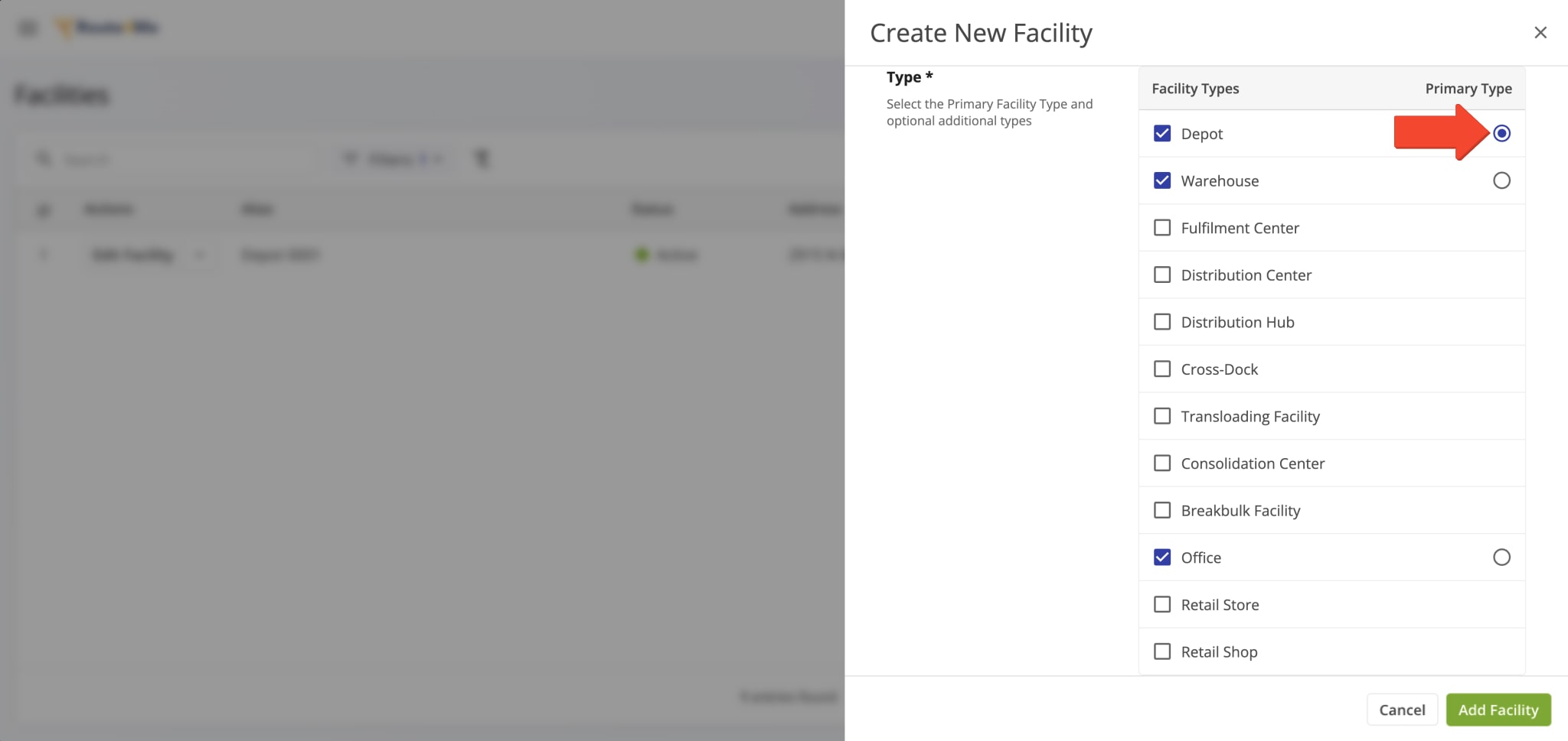 Facilities on your Route4Me account can have multiple associated Facility Types and one Primary Type which is used by the software.