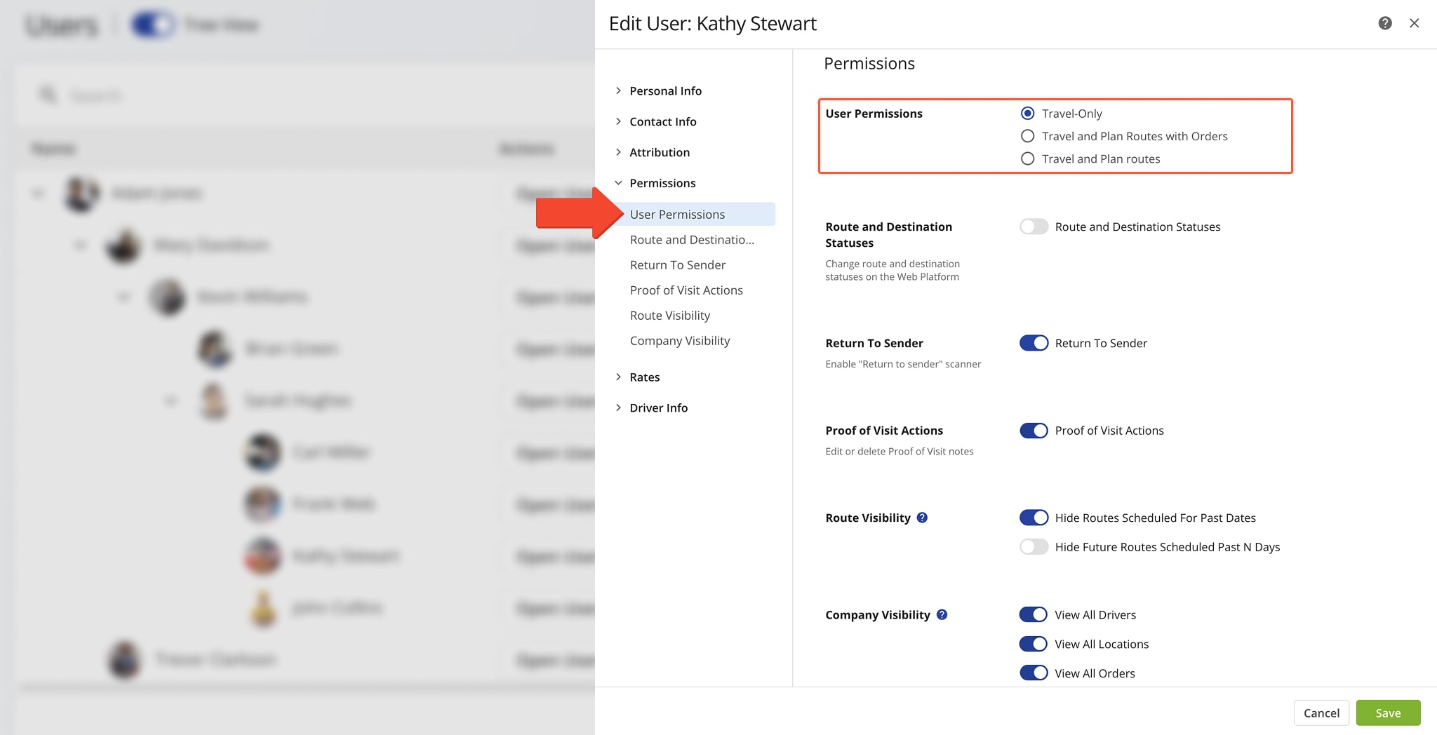 Read-only user permissions allow drivers, route planners, and other team members to see routes assigned to them but prohibit editing routes.