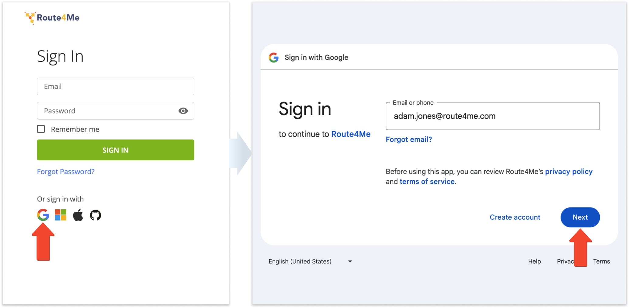 Sign in to the Route4Me Web Platform account using Google Single Sign-On (Google SSO).