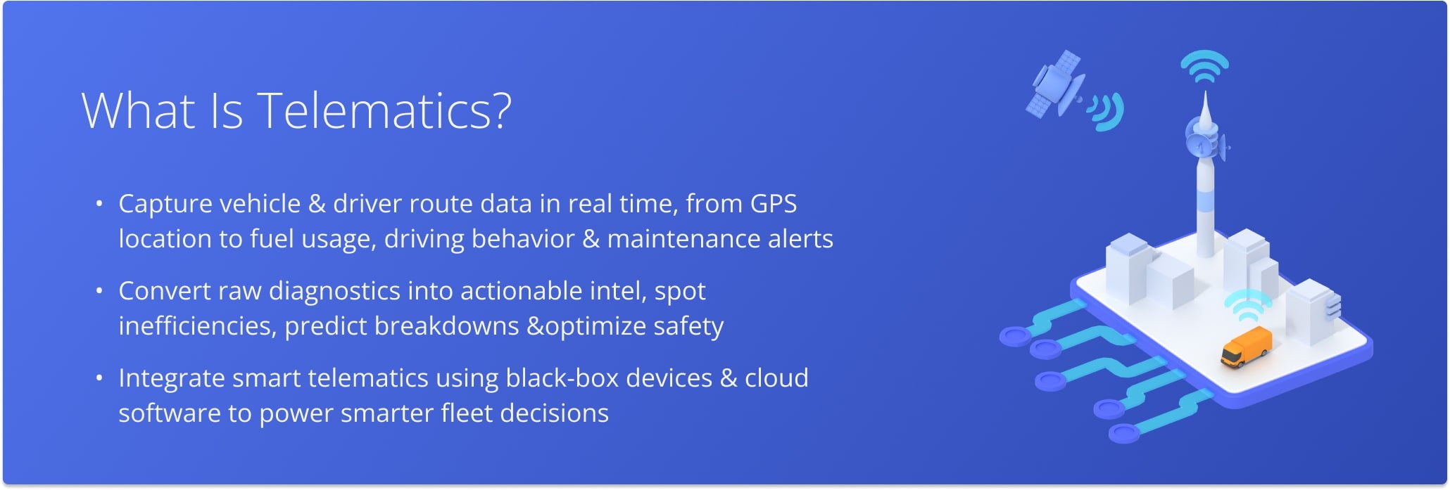 Telematics, fleet telematics, or vehicle telematics is the term used to define cross-industry technology systems that gather, store, and transmit data about vehicles or remote fleet assets.