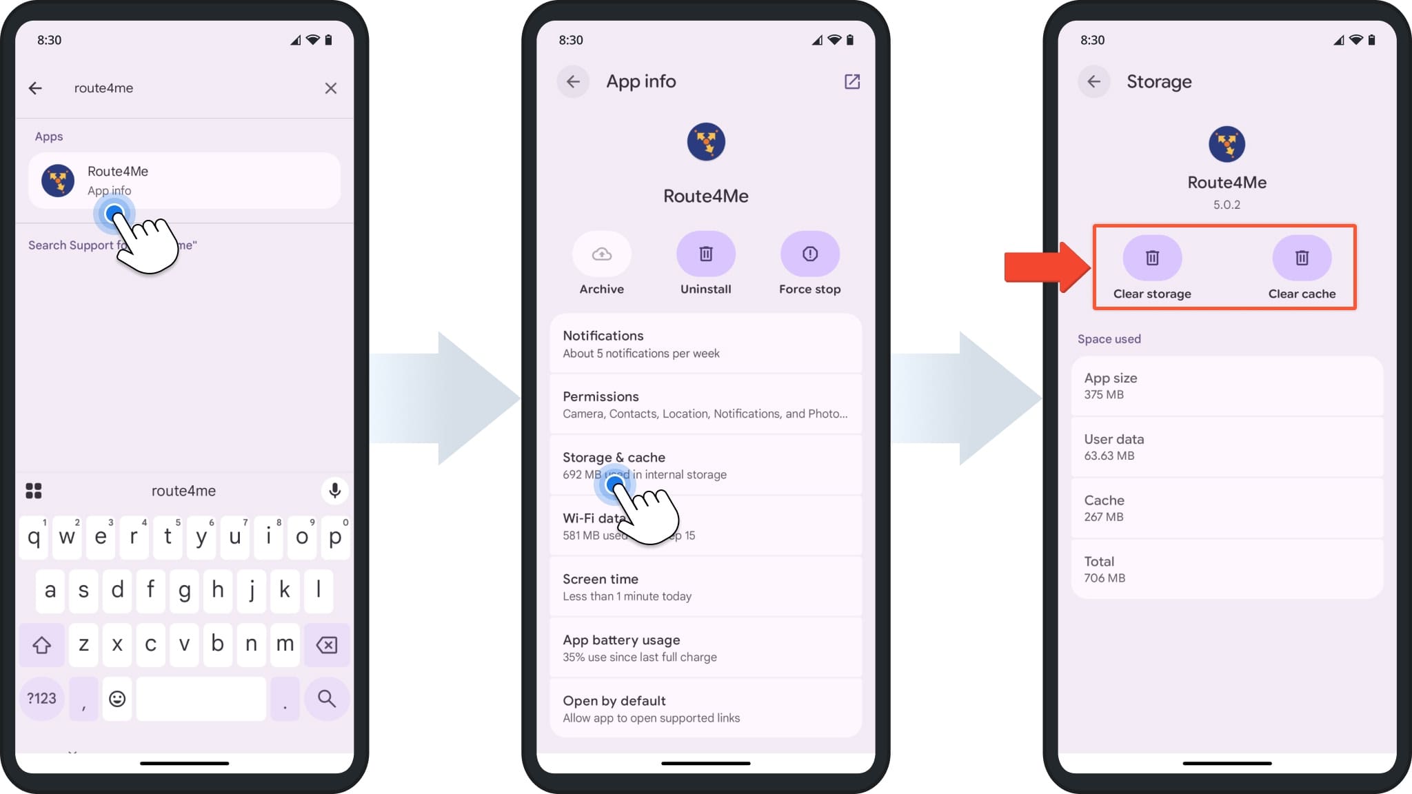 Clear storage and cache from the Route4Me app.