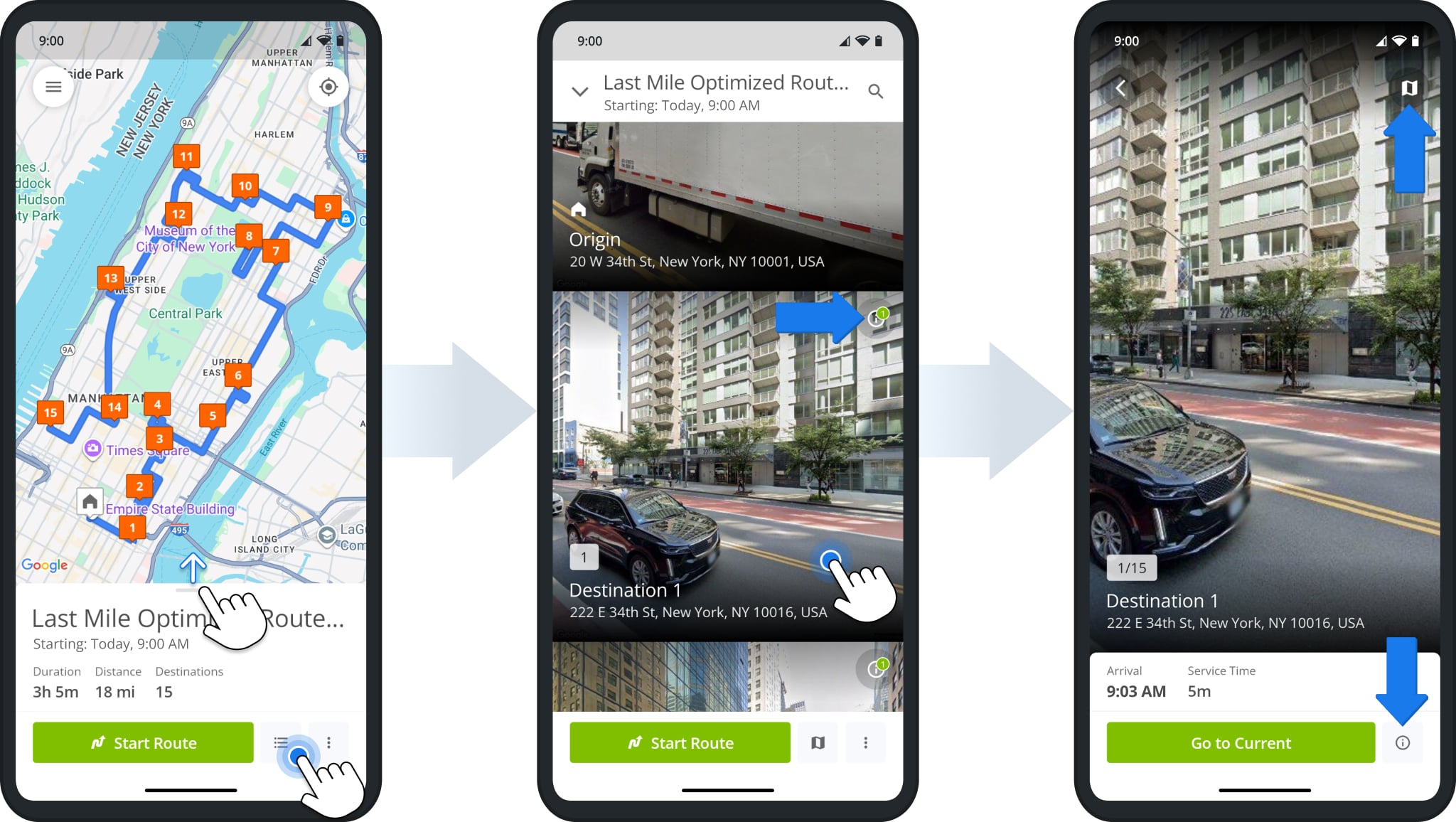 At any point, you can open the Destinations List on the Route4Me mobile driver app by dragging the route information panel up or tapping the list button in the bottom-right.