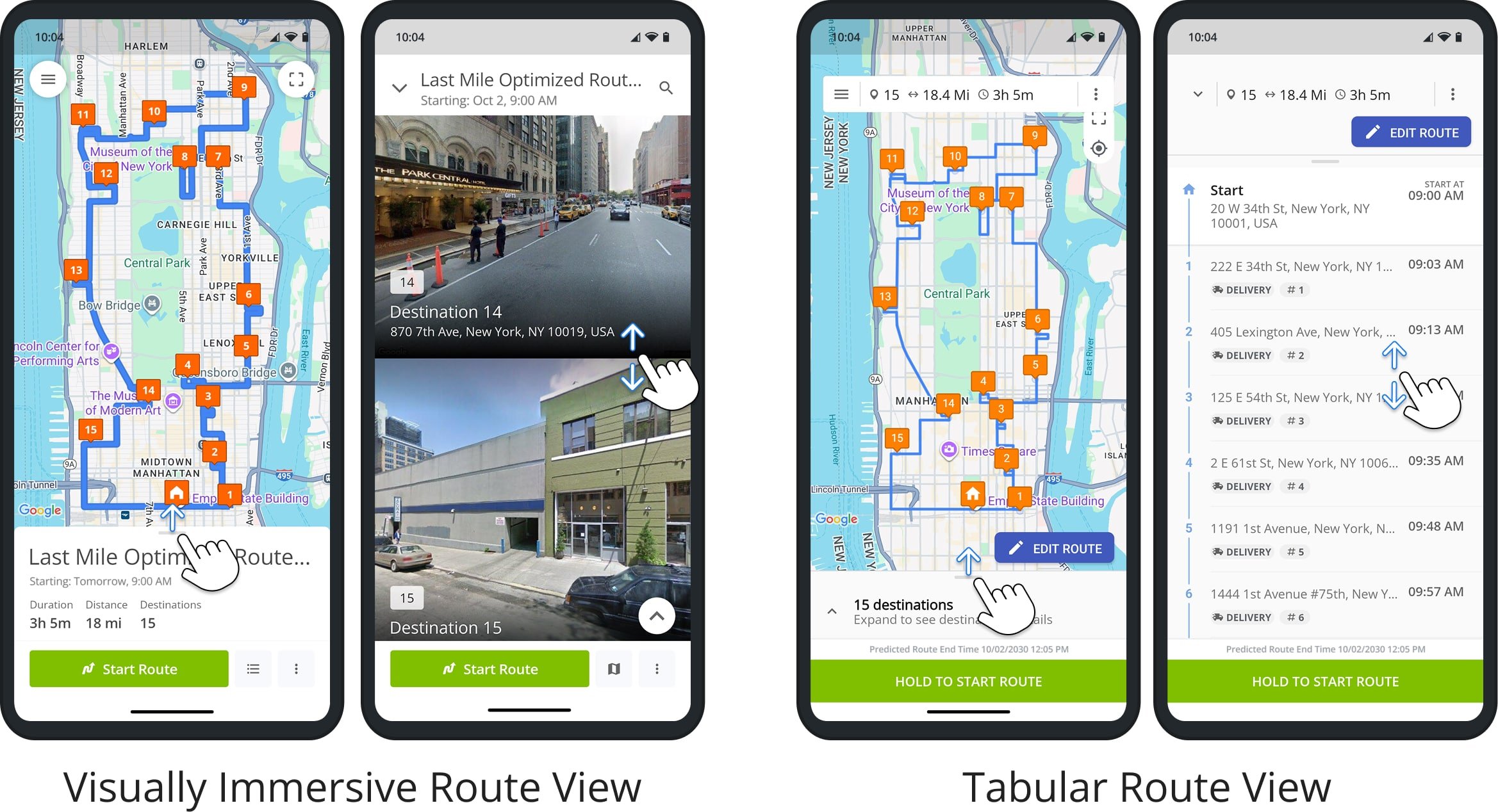 Visually Immersive shows Street View previews while Classic Tabular displays stops with details.