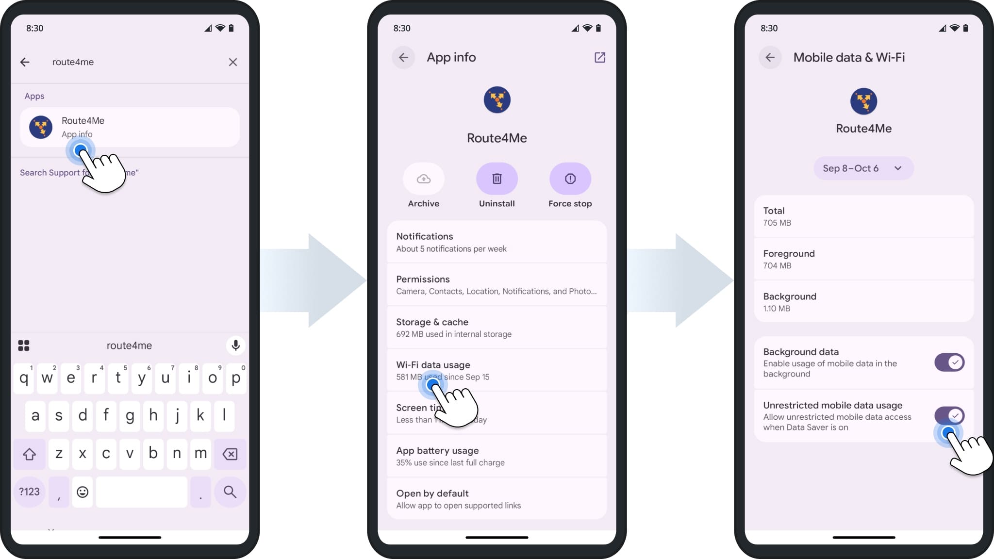 View and manage wi-fi data usage associated with your Android Route4Me app.