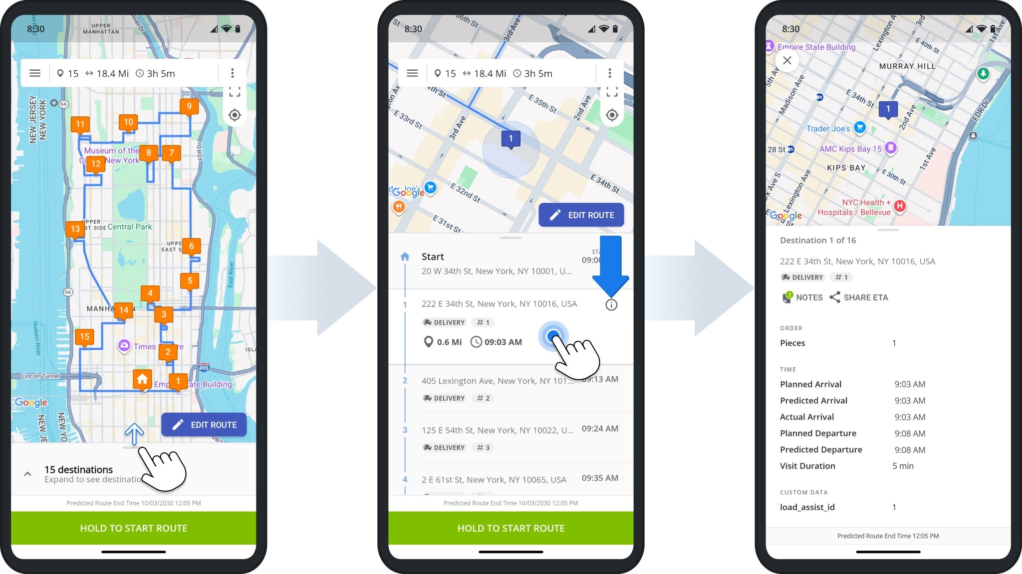 Drag the destinations list up to see all route stops.