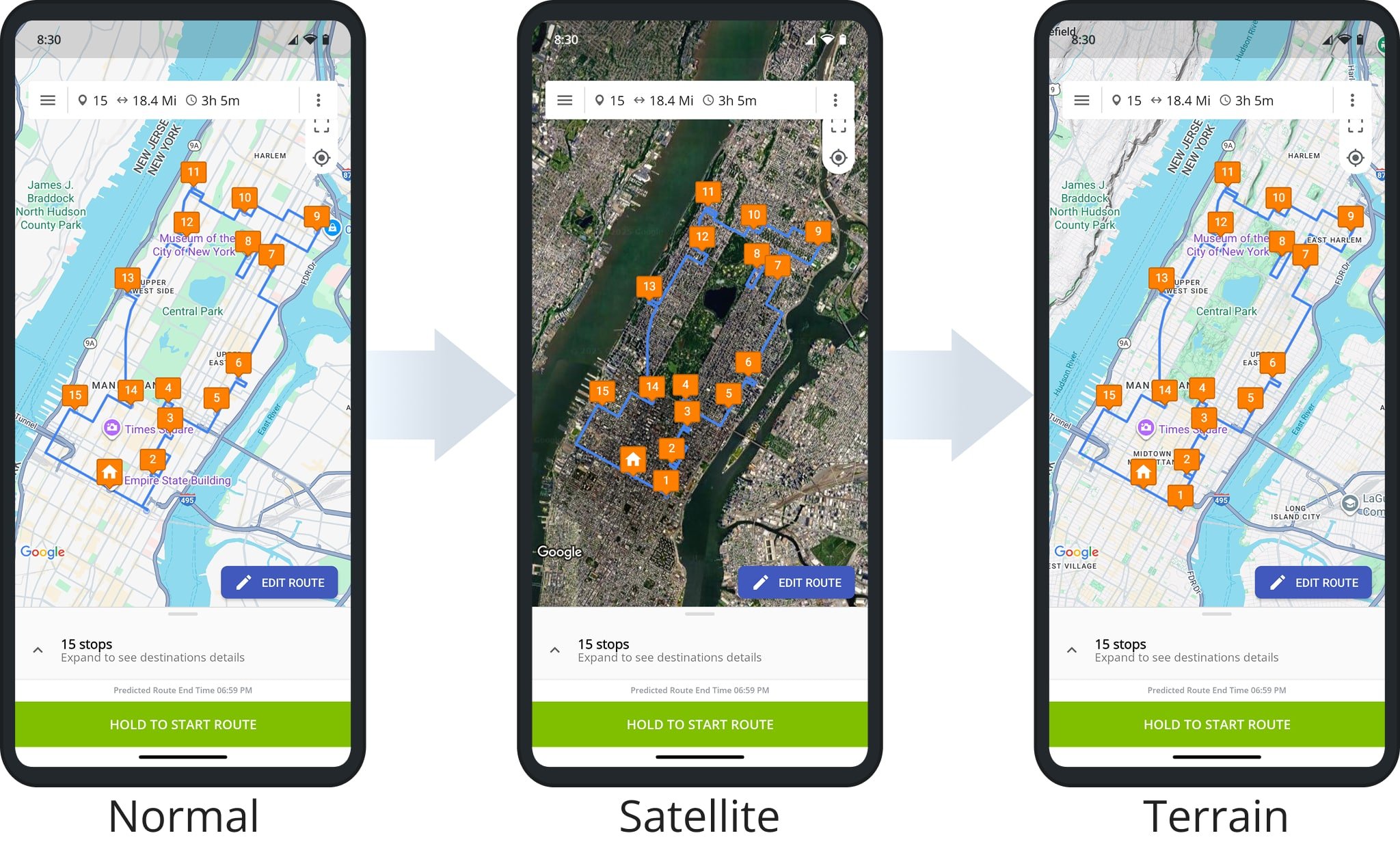 Satellite maps, hybrid maps, terrain maps, and other route map settings on Route4Me