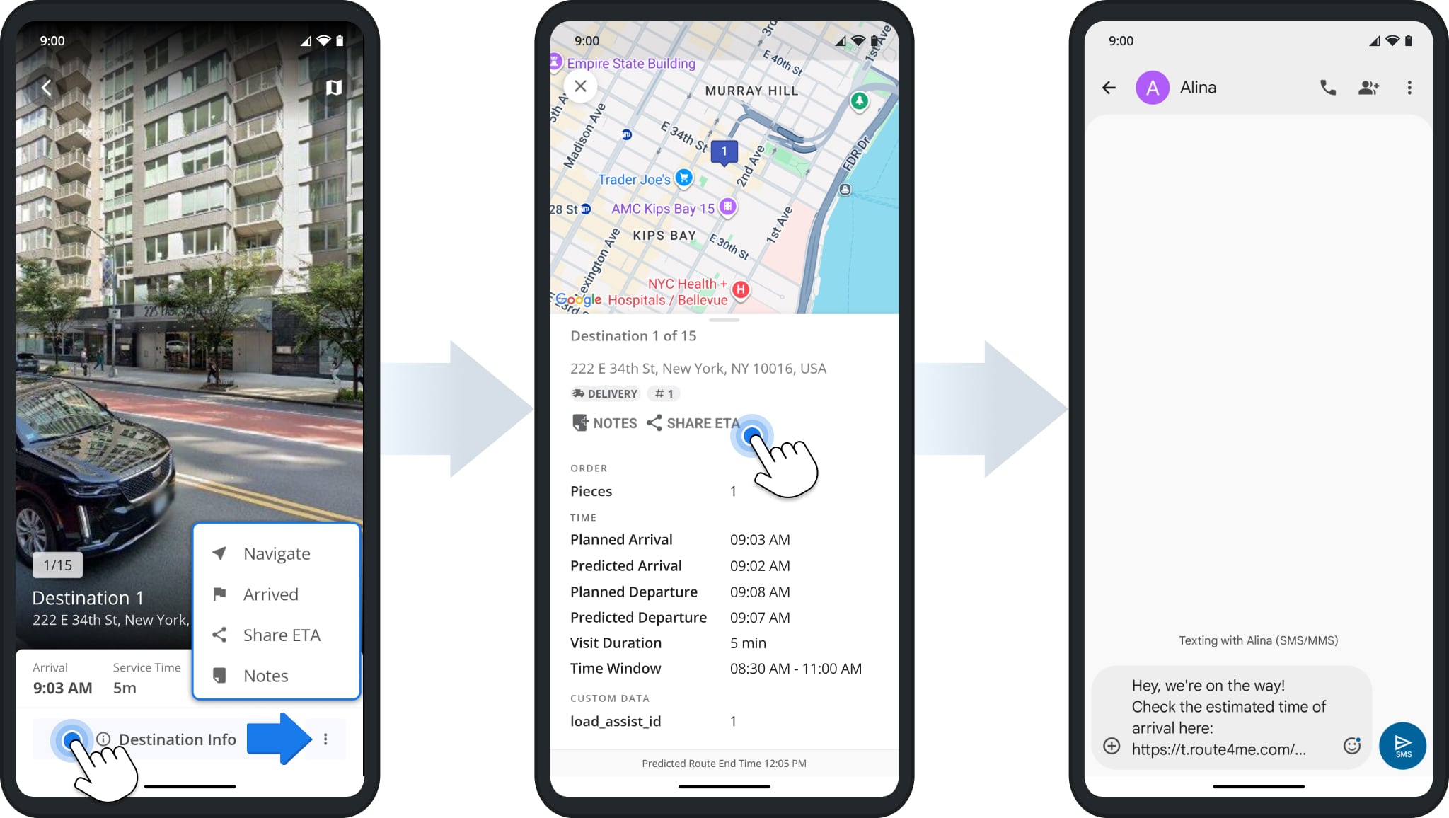 After starting a route, you can access additional destination options from the Three-dot Icon or on the Destination Info screen. To send an ETA and tracking link, simply tap Share ETA.