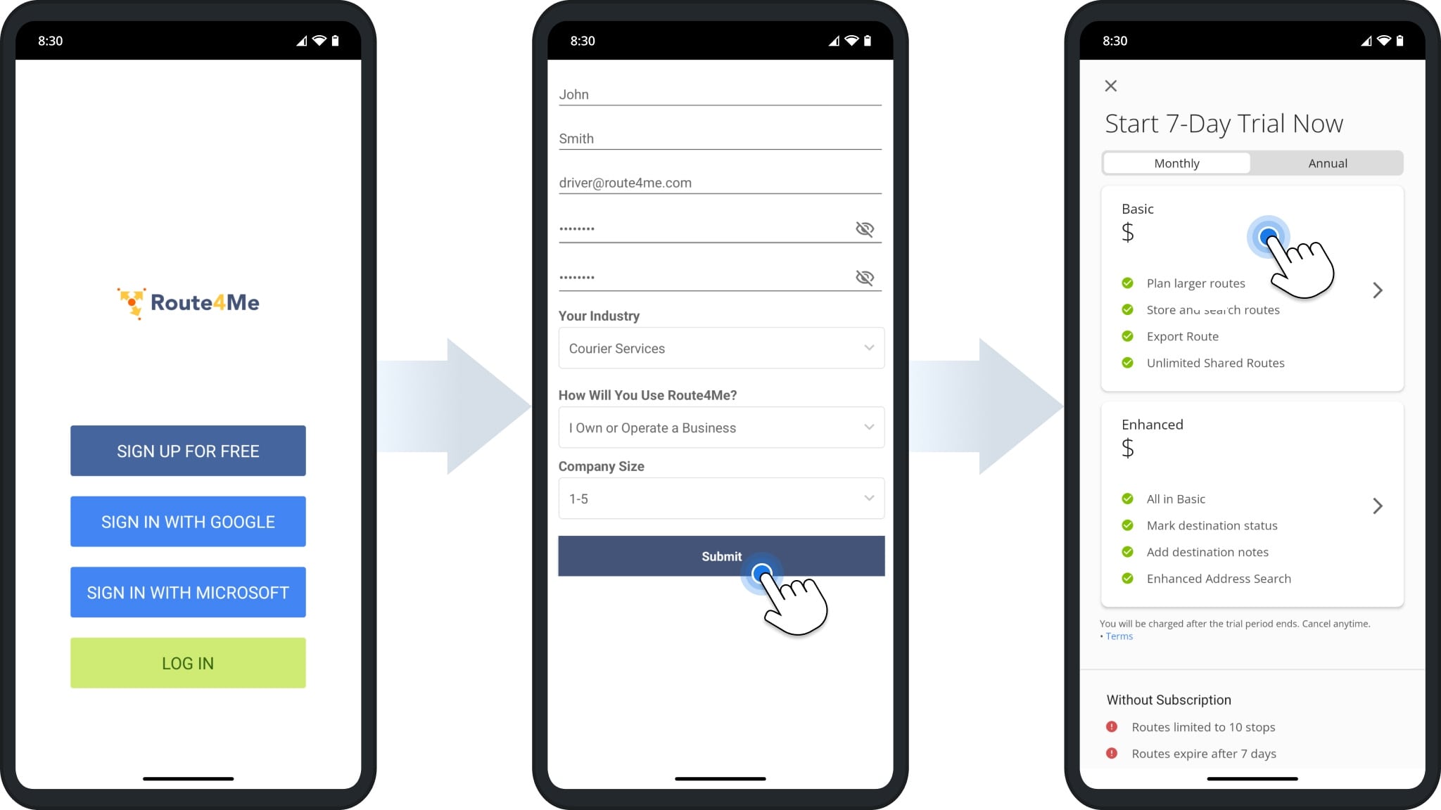 Sign up for a free Route4Me Android trial, create an account, or use SSO to get started.