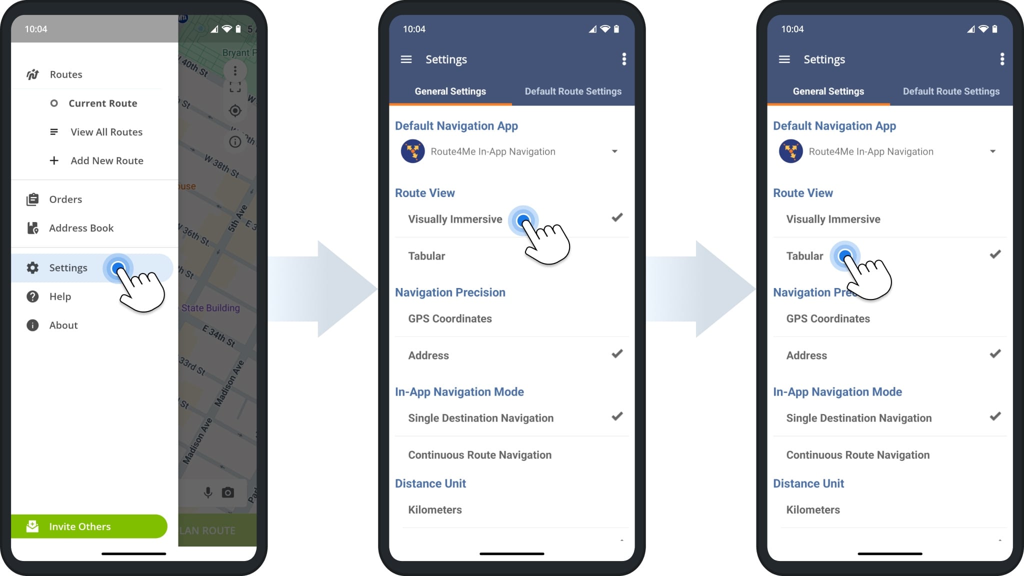 From Route4Me's Android settings, switch between Visually Immersive and Classic Tabular route view modes.