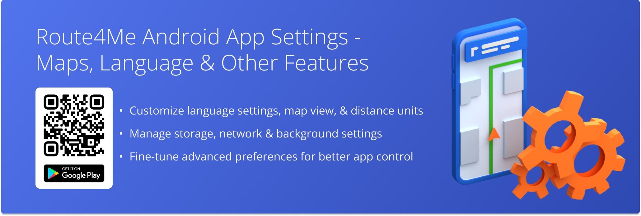 Route4Me Android Route Planner app settings for route maps, language and distance units, security and privacy, data usage, and more.