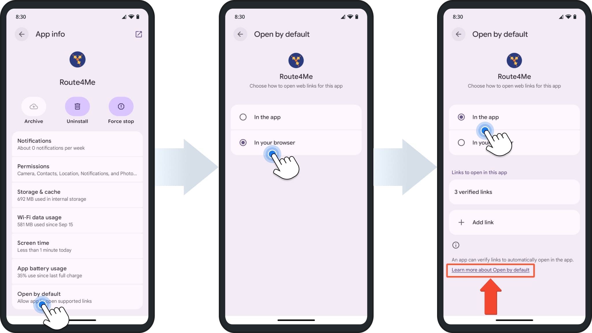 Android lets you manage how Route4Me handles web links.