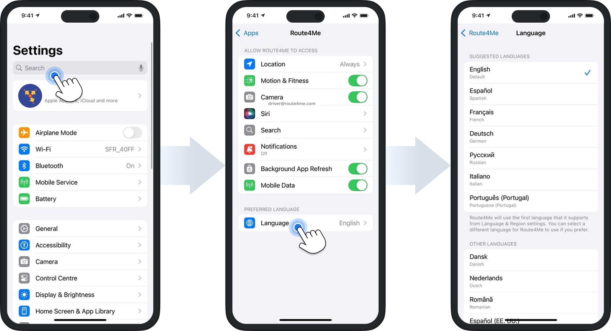Select iPhone Route Planner app language in the app
