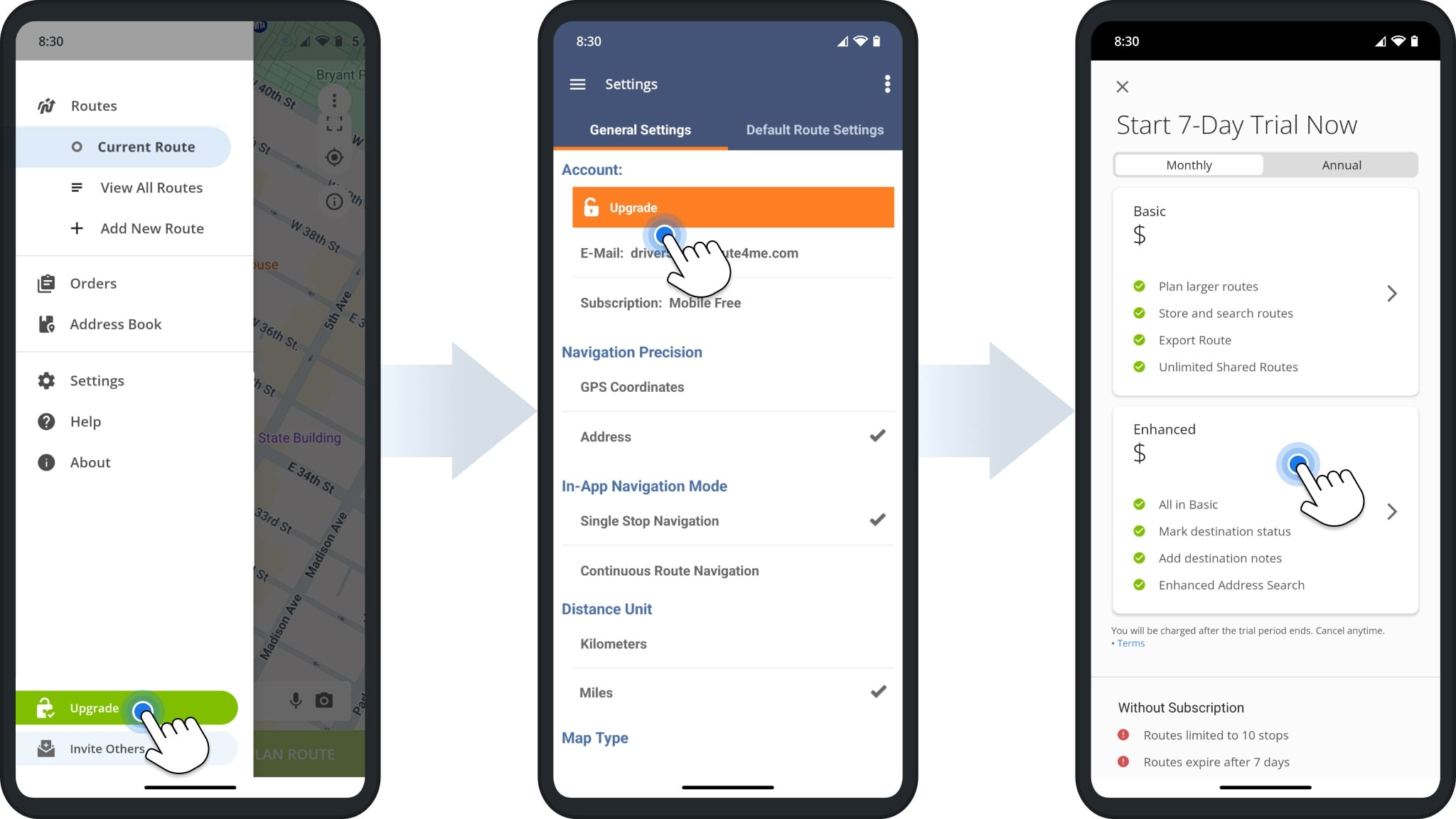 Upgrade your Route4Me Android subscription from get started to paid plan for unlimited stops.