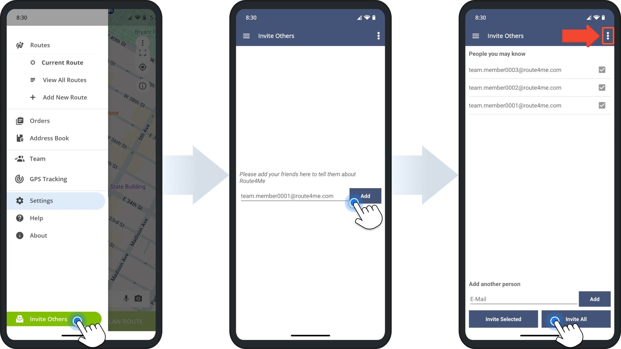 Invite team members and users via email to join Route4Me using the Android Route Optimization app.