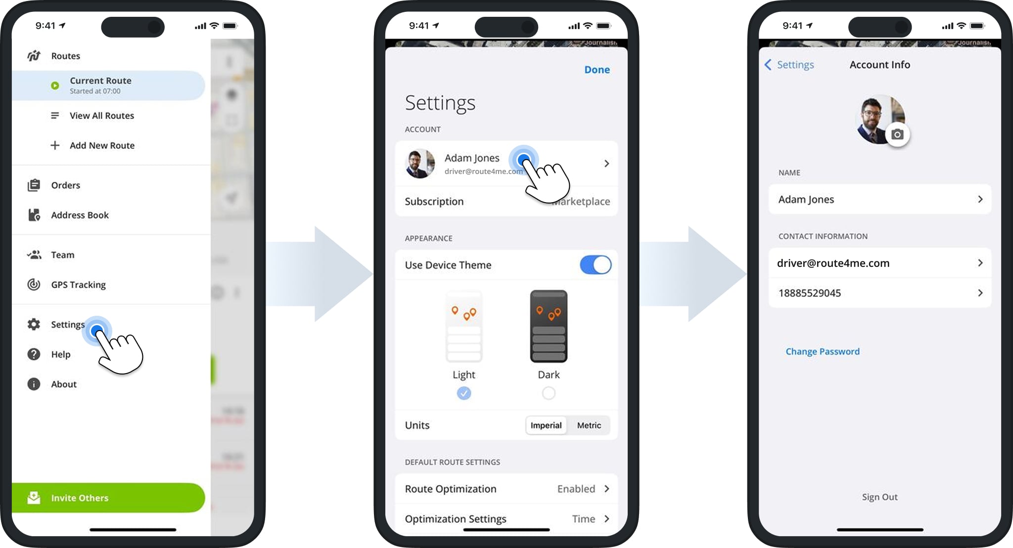 Viewing and adjusting account settings, sign-in credentials, name, and phone number on Route4Me