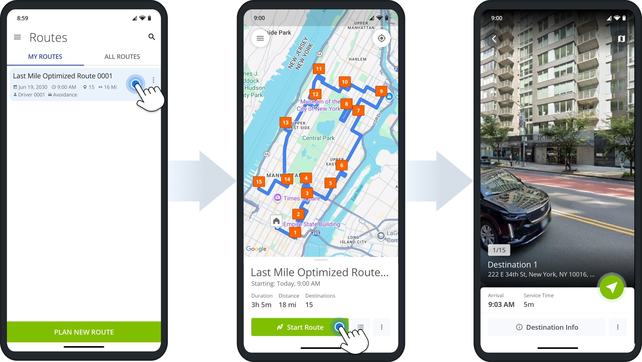 Tap a route to open it. Alternatively, tap the Three-dot Icon in the Routes List and select Open Route from the menu. Next, simply tap Start Route to open the first destination and change the route