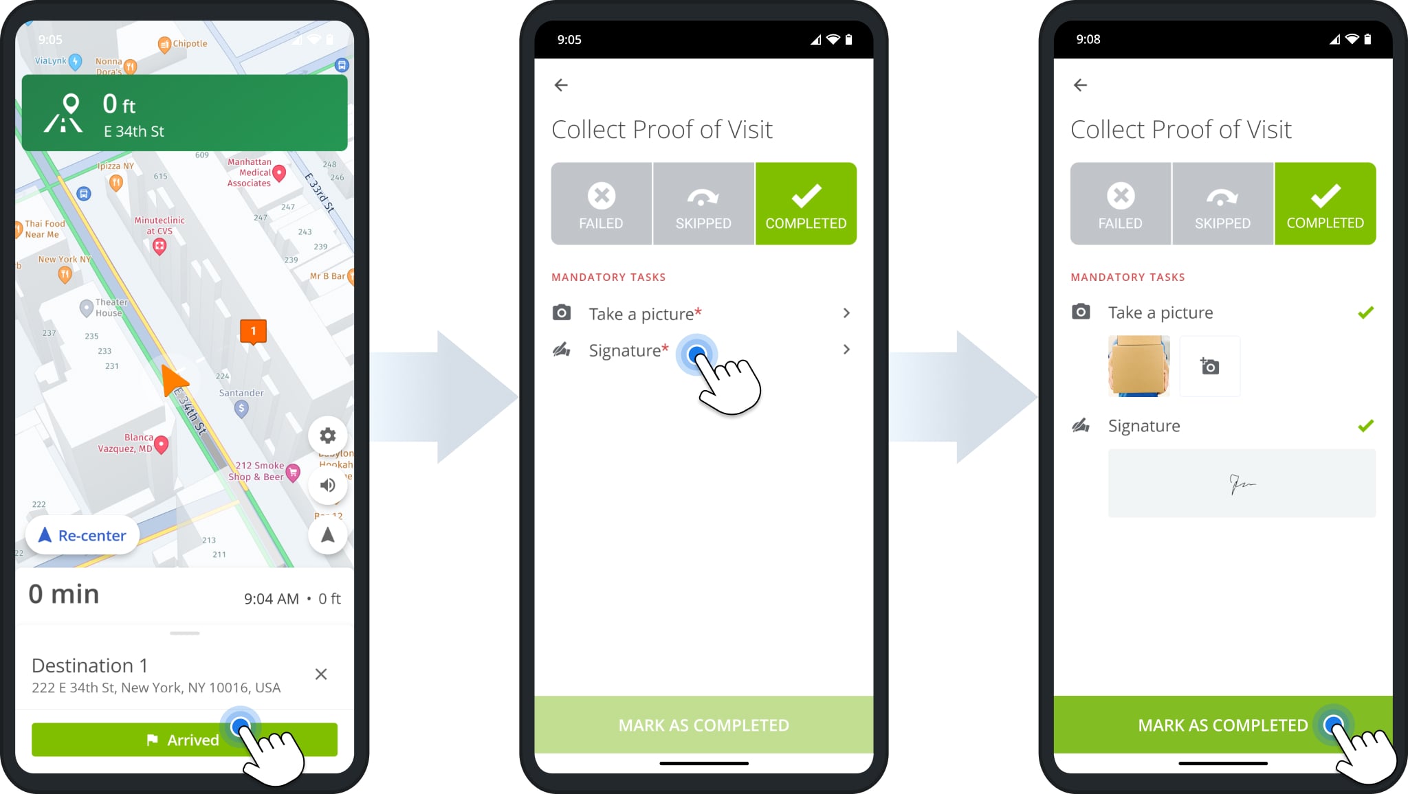 When you reach a destination, the app will automatically pull up the navigation info panel, where you can confirm your arrival. The app will open the proof of visit and delivery screen where you can set Destination Statuses.