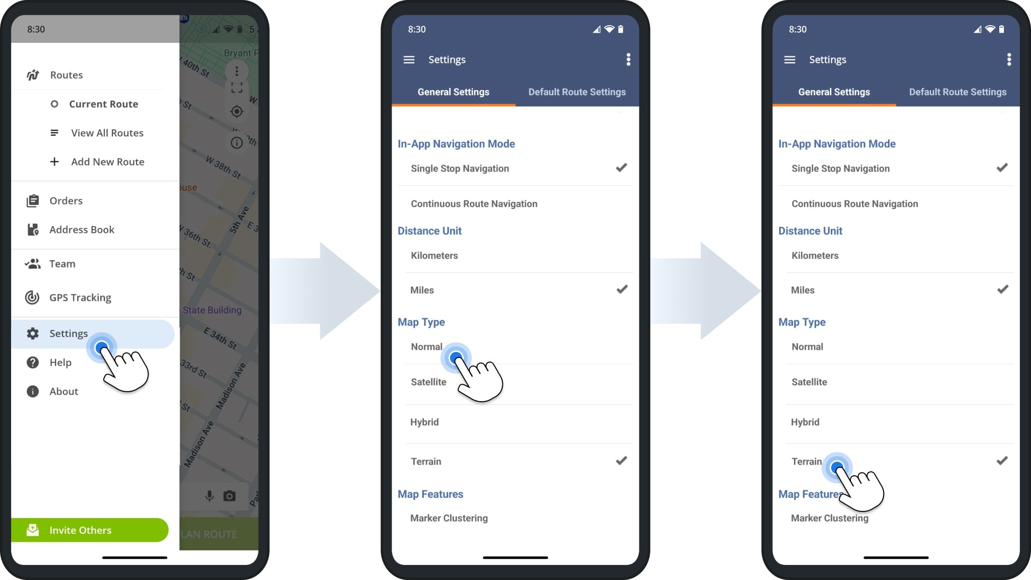 Route4Me Android Route Planner app maps settings: satellite maps, hybrid maps, terrain maps, and other route maps.