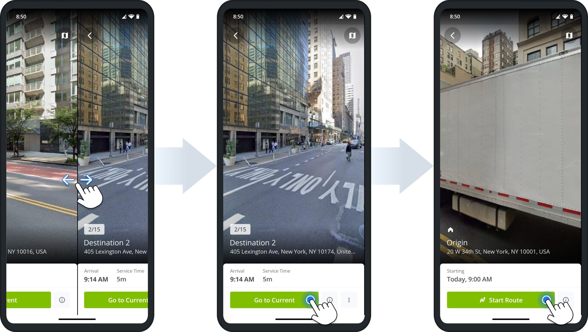 To open a different destination on the Route4Me mobile driver app, swipe sideways. When you open a later or earlier Destination than the next scheduled one, you can tap Go to Current to open the next scheduled destination.