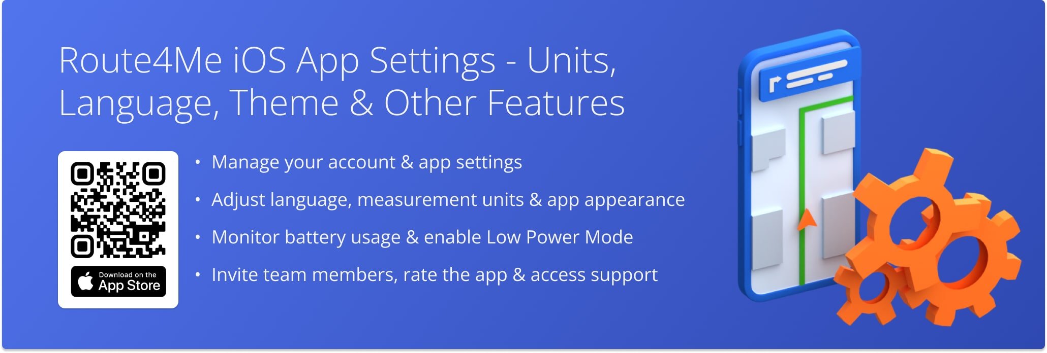 Route4Me iPhone Route Planner app settings: language and distance units, and additional features.